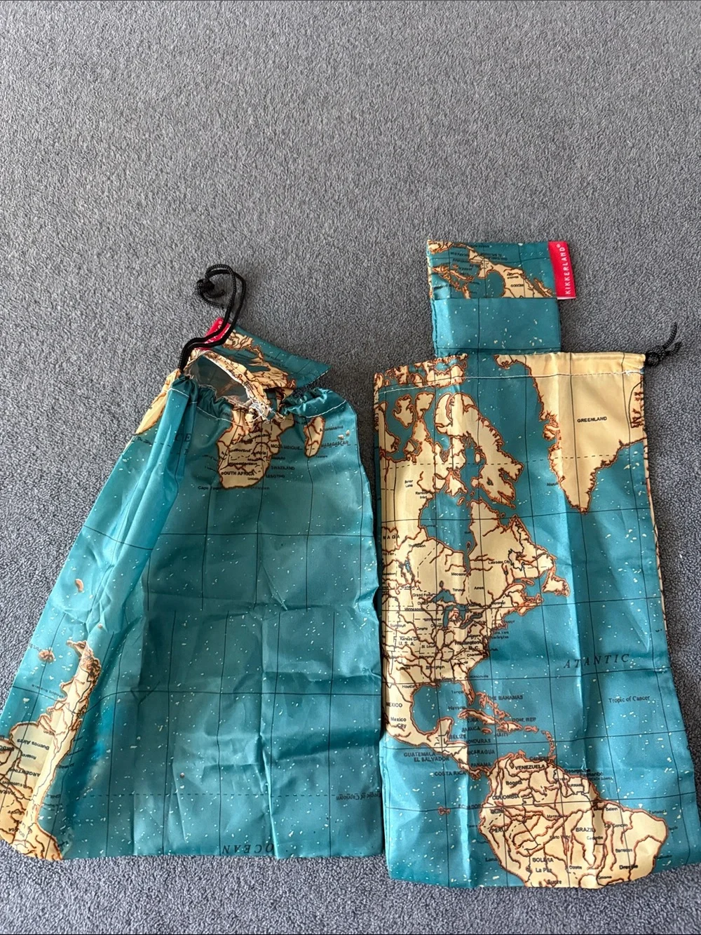 Foldable Map Print Reusable Travel Tote in Teal and Beige Kikkerland